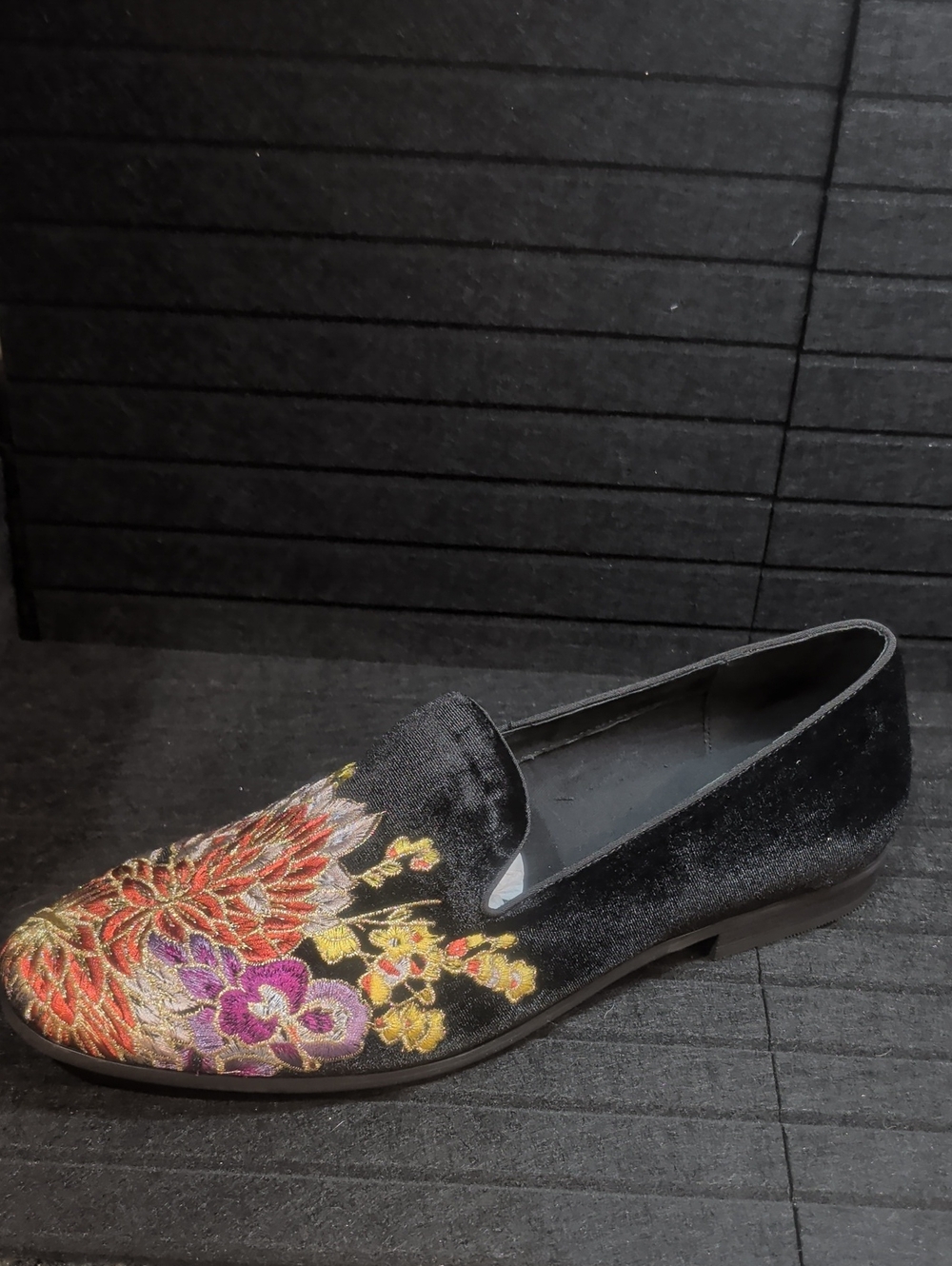 Steve Madden Black Velvet Slip-On Loafer with Multicolor Floral Embroidery